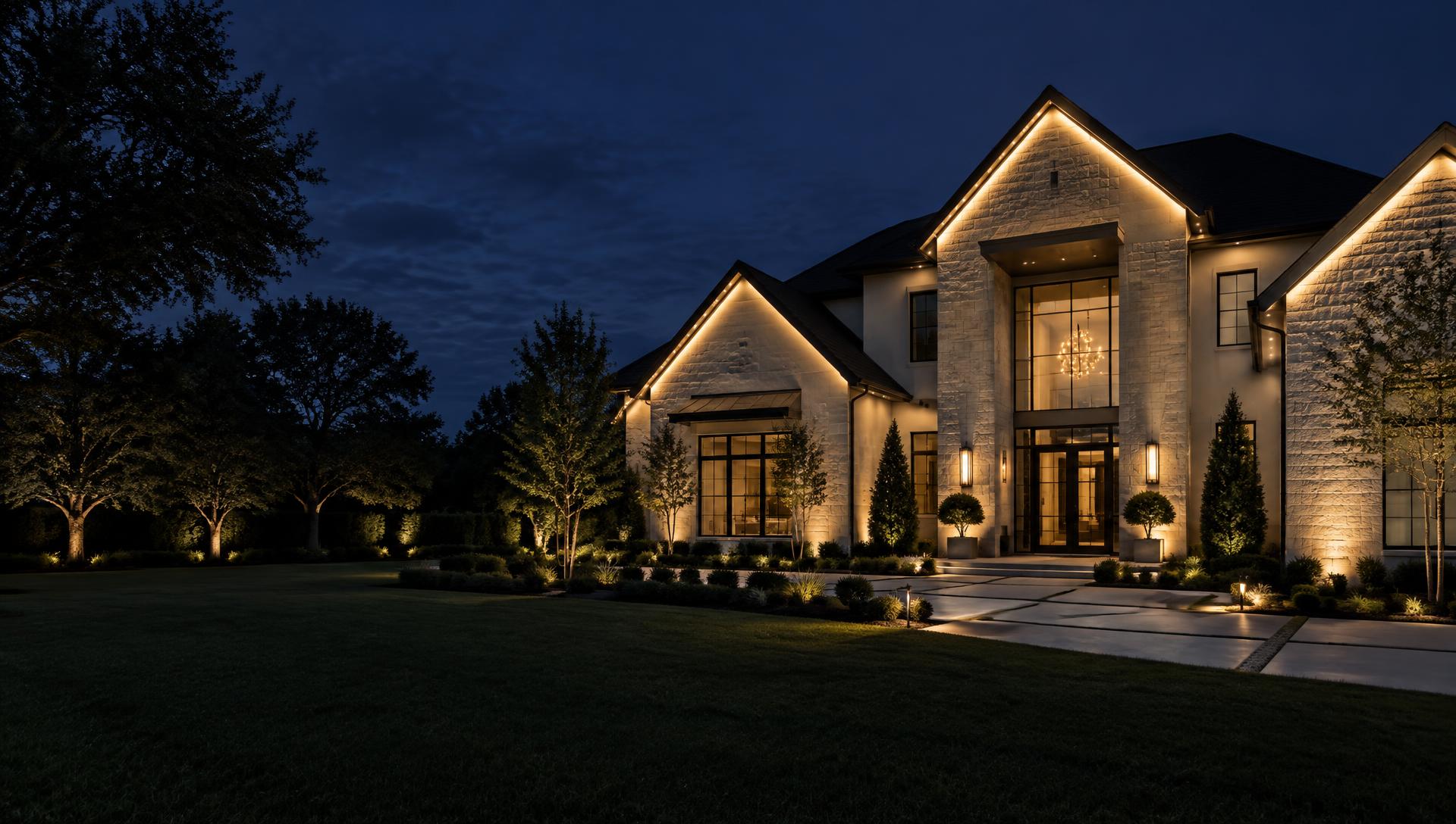 Modern Houston home illuminated with warm white architectural lighting at night