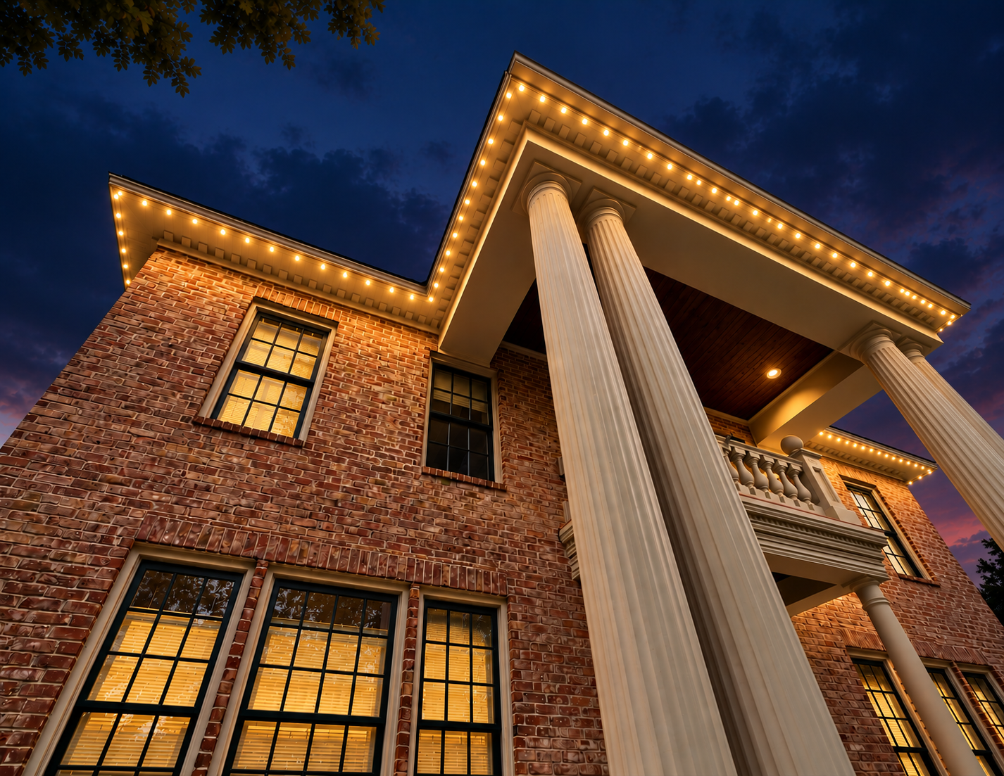TridentPro permanent lighting installation with warm white roofline lighting at night