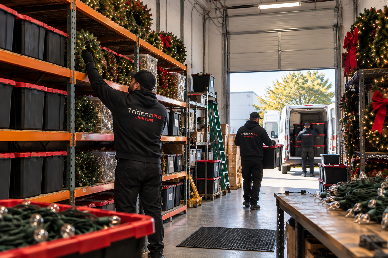 TridentPro Lighting team organizing and storing holiday lighting in a warehouse