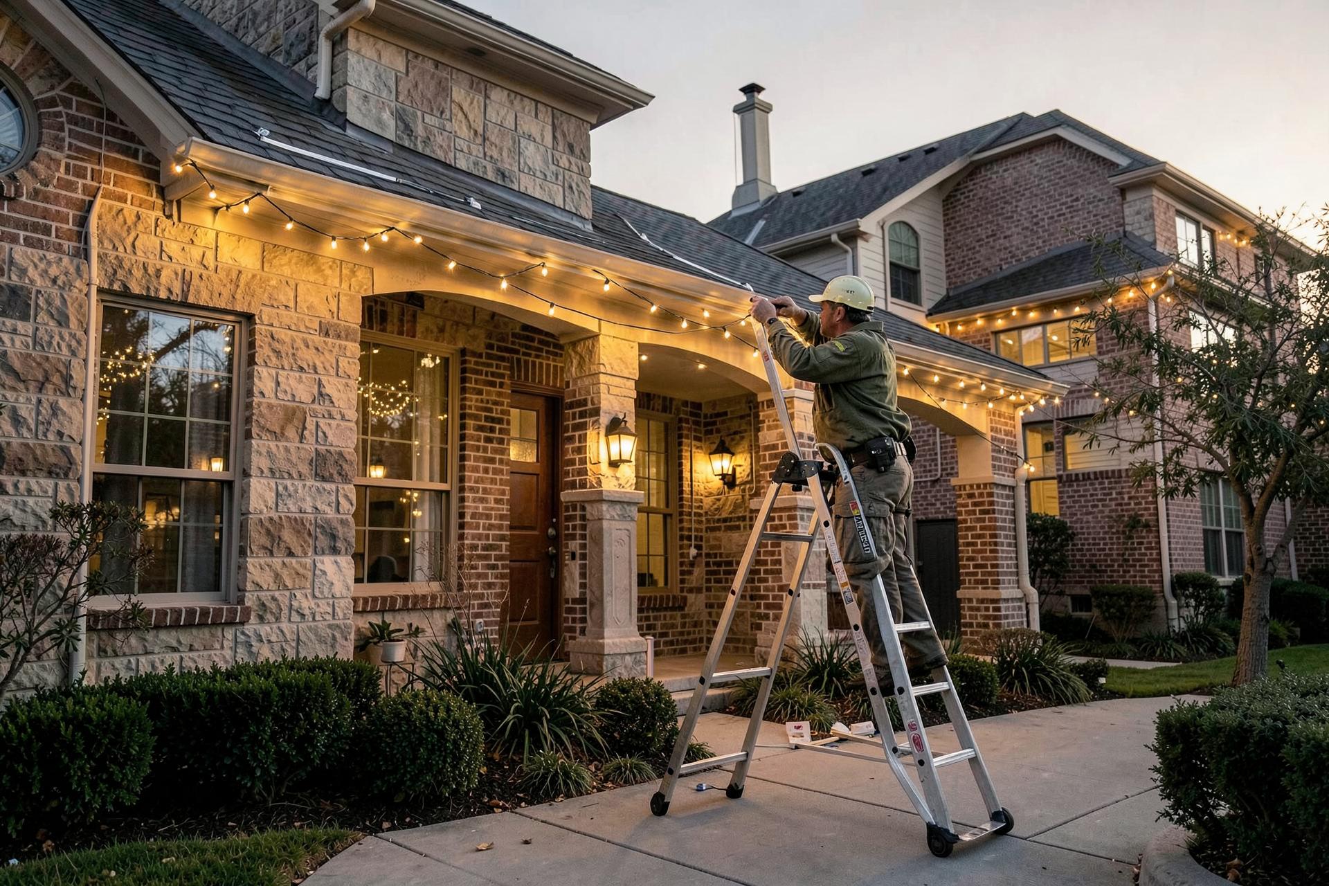 Professional crew installing Christmas lighting on a Houston home