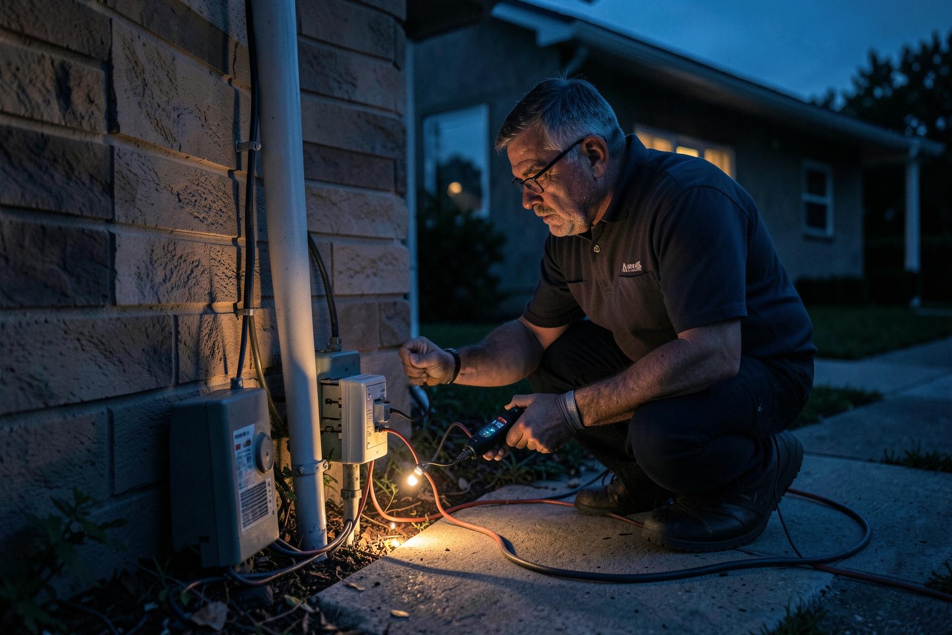 Technician testing a low-voltage lighting transformer at a Houston home