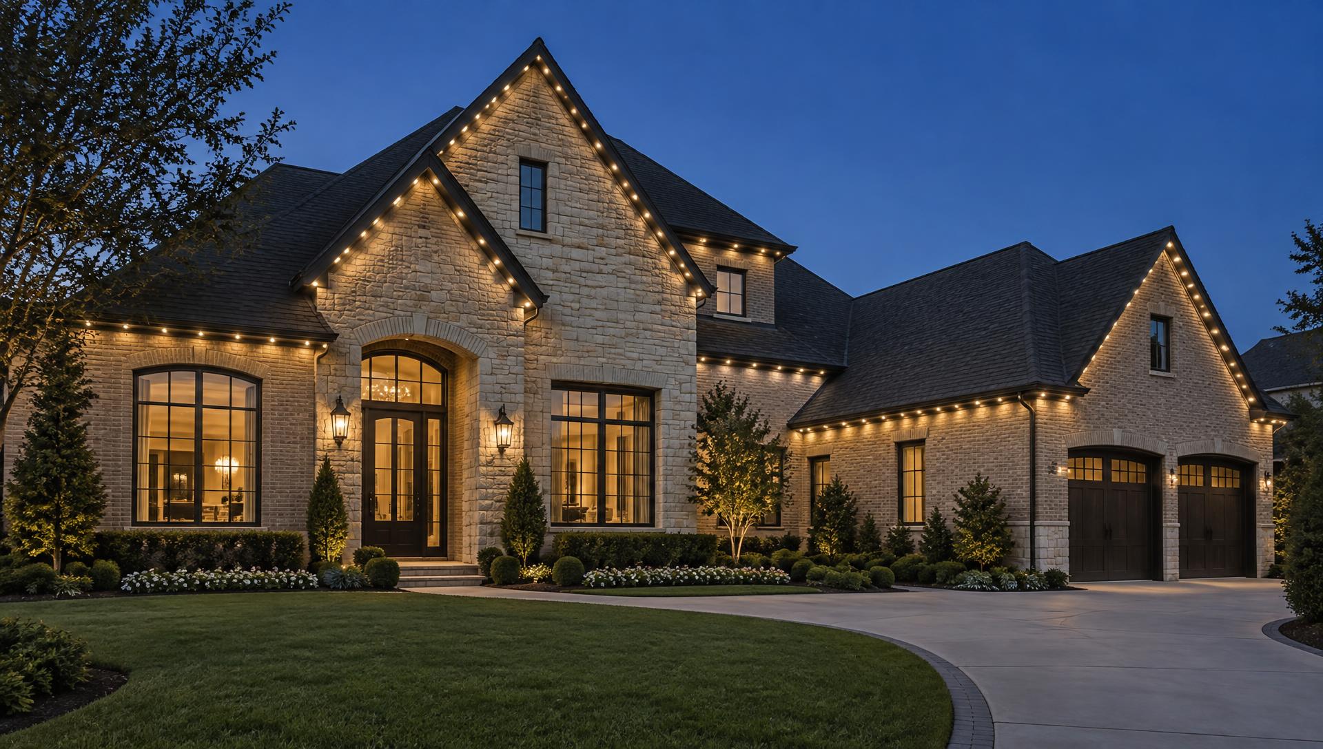 Houston stone home at dusk with warm white permanent architectural lighting along the rooflines