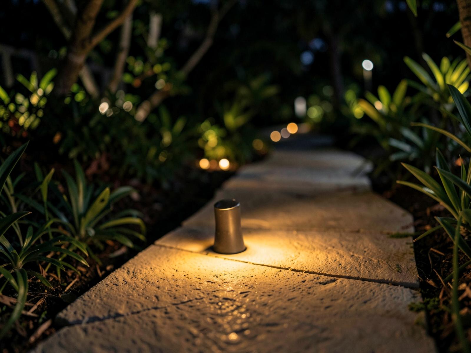 Low-voltage pathway fixture glowing warm along a stone garden walkway at night