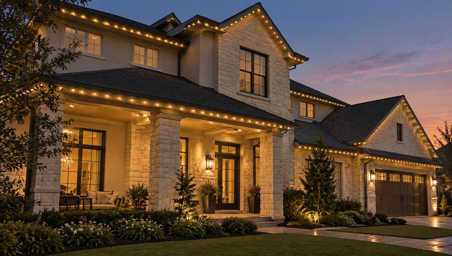 Warm white permanent lighting defining the roofline of a Houston home