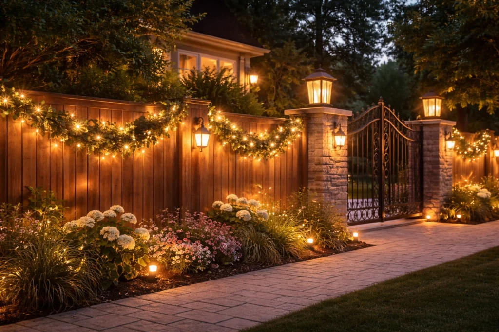 creative fence and gate lighting ideas for a festive curb appeal